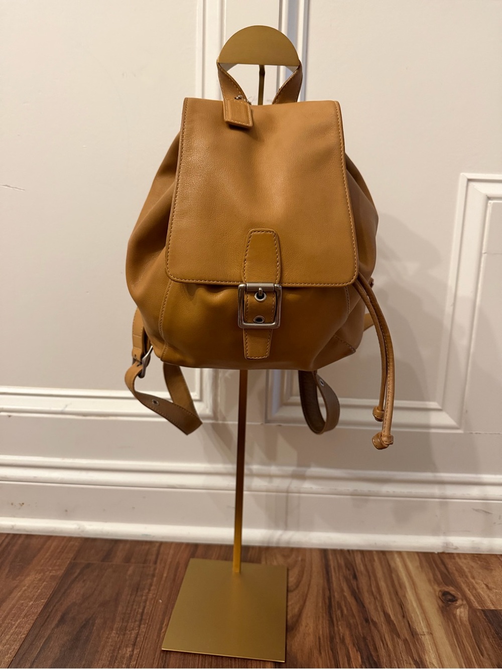 Coach Tan Leather Drawstring Backpack with Buckle Flap
